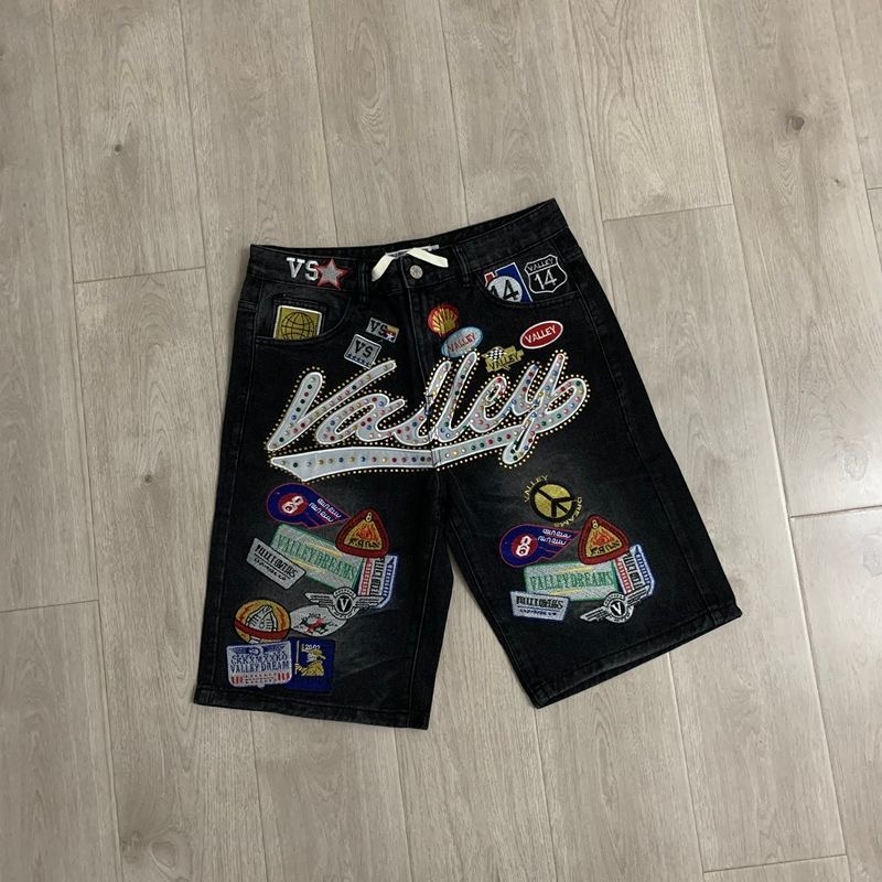 Valley Dreams Rhinestone Letter Multi Patch Embroidery Wide Leg Denim Jorts