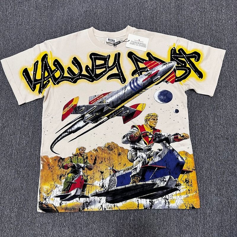 Valtiva Retro Space Rocket Character Full Print Washed Short Sleeve T-Shirt