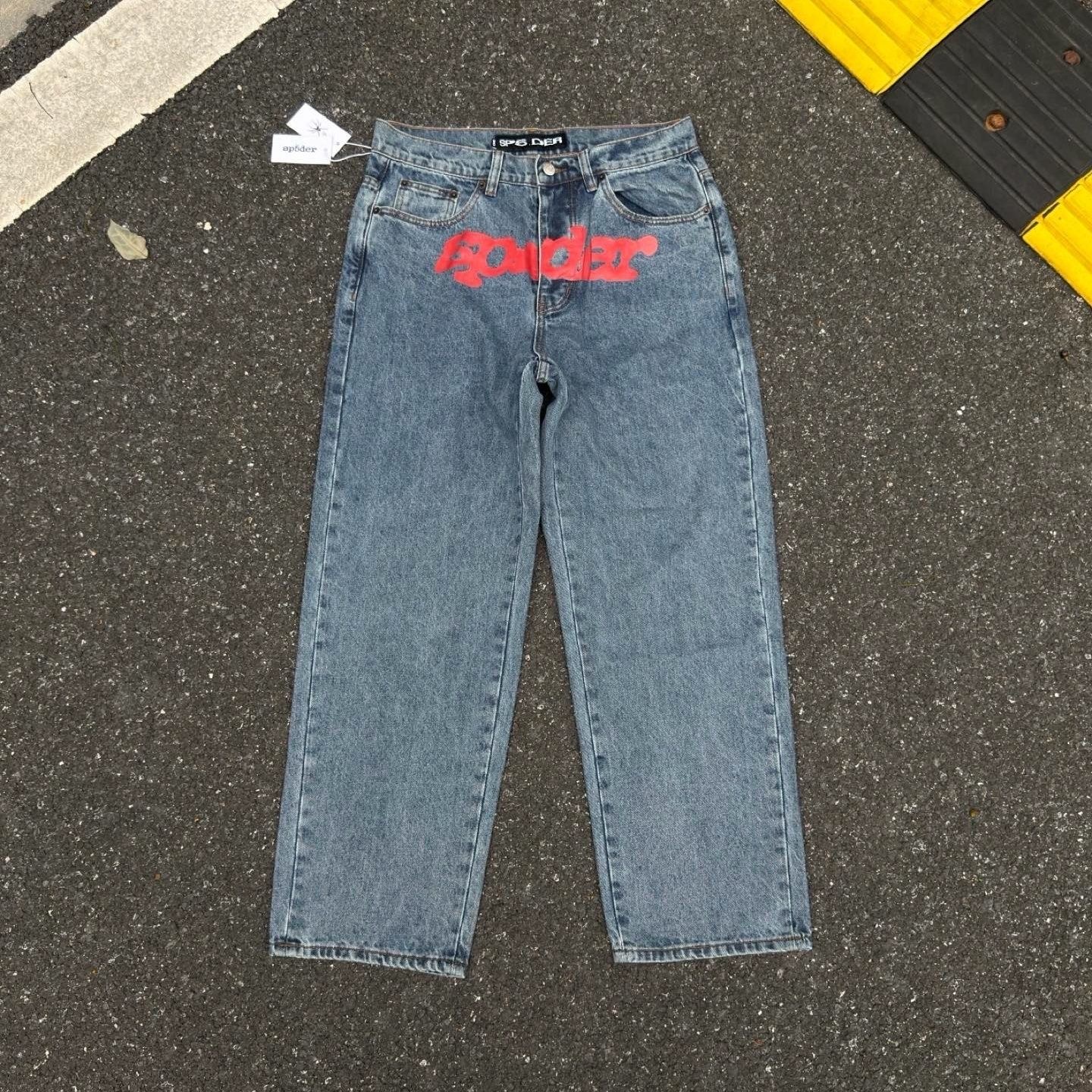 Sp5der Foam Logo Print Raw Denim Wide Leg Jeans