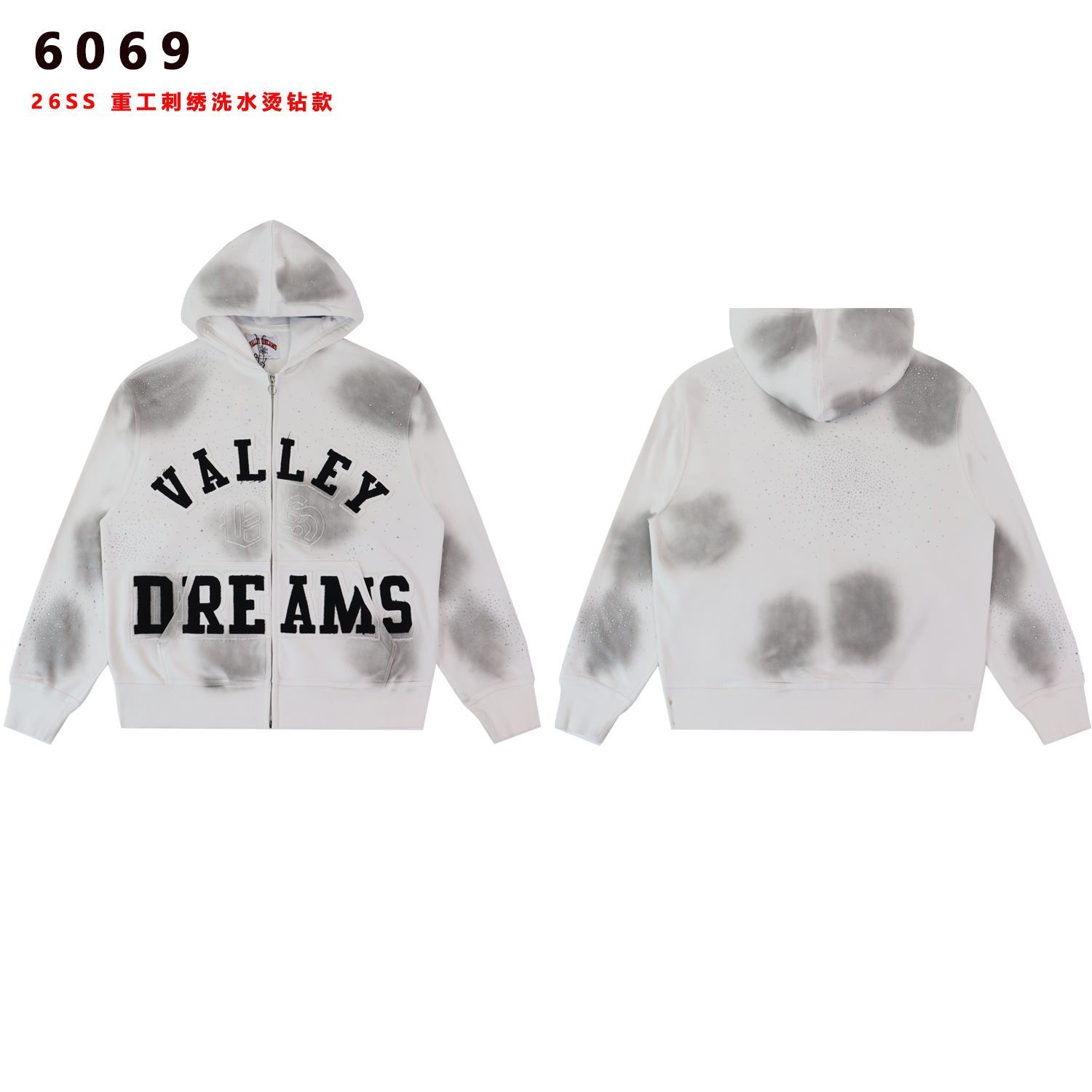 Valley Dreams Vintage Spray Washed Letter Print Zip Up Hoodie