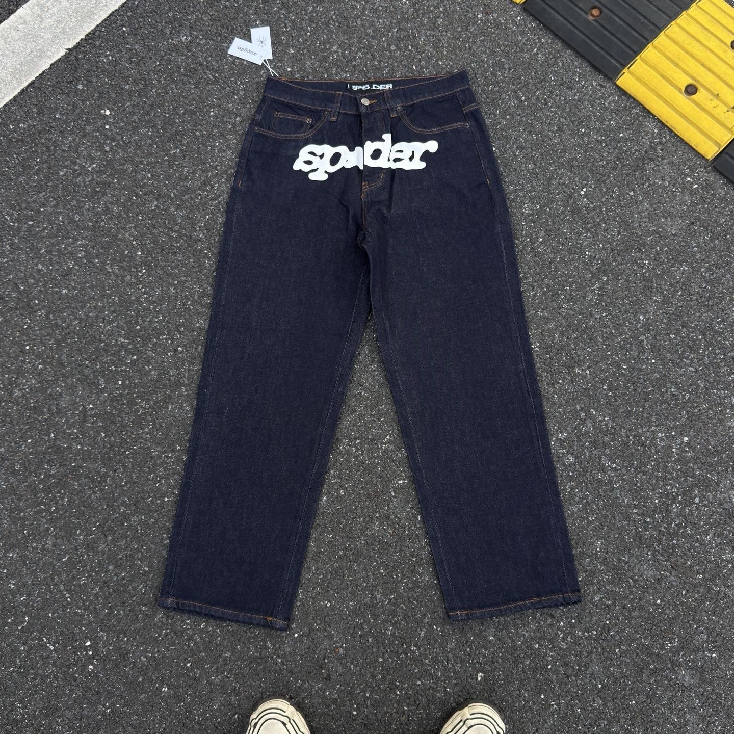 Sp5der Foam Logo Print Raw Denim Wide Leg Jeans