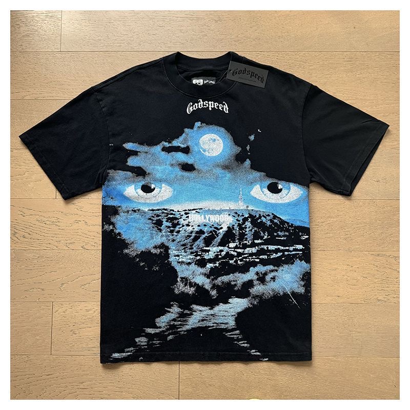 Godspeed Hollywood Eyes Moon Graphic Vintage Short Sleeve T-Shirt