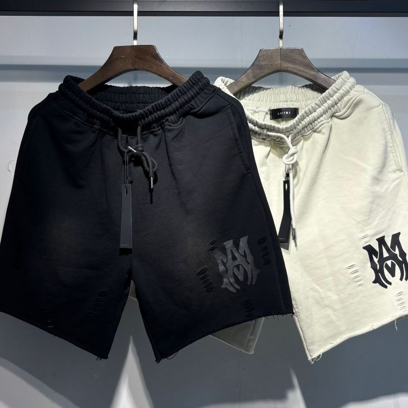 Amiri Gothic MA Logo Distressed Frayed Drawstring Sweat Shorts