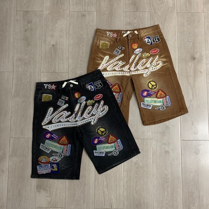 Valley Dreams Rhinestone Letter Multi Patch Embroidery Wide Leg Denim Jorts