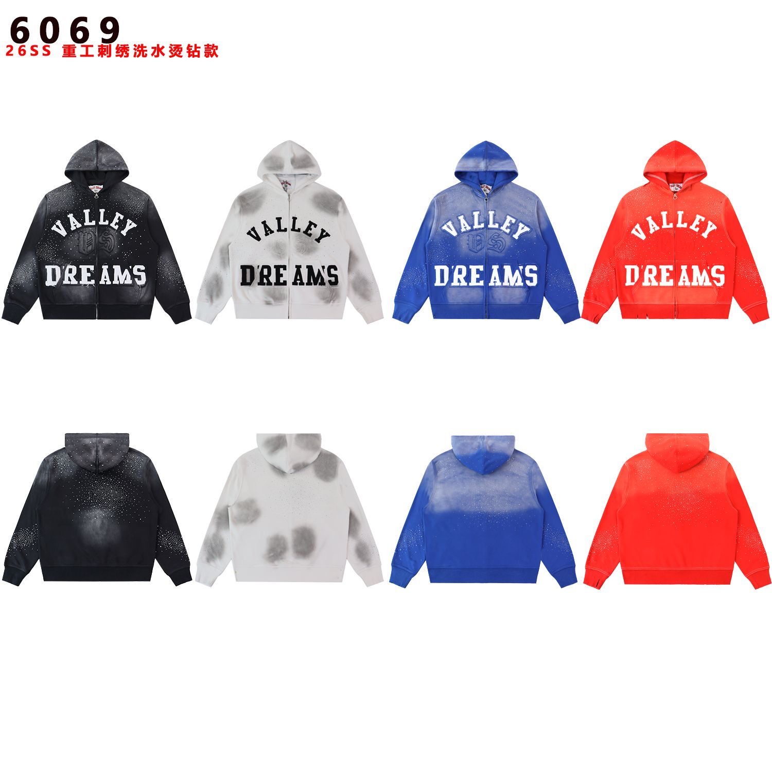 Valley Dreams Vintage Spray Washed Letter Print Zip Up Hoodie