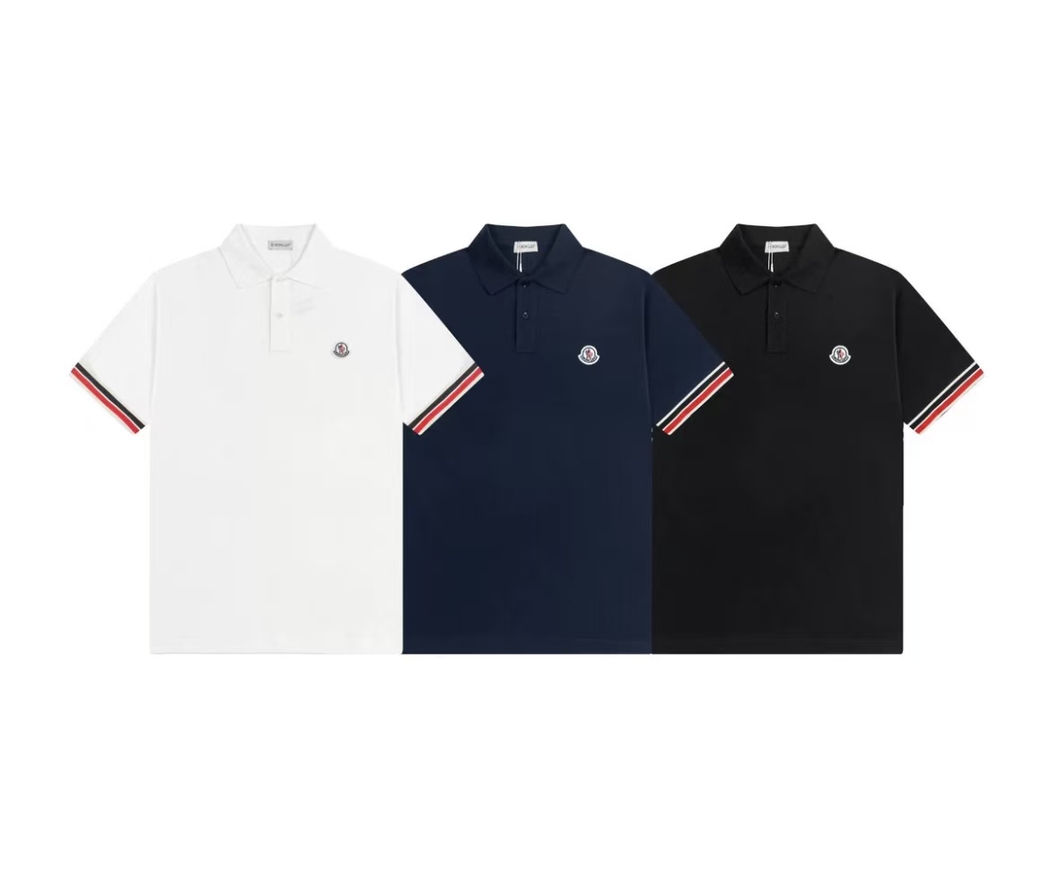 Moncler Men's White Cotton Piqué Polo Shirt with Tricolor Cuffs