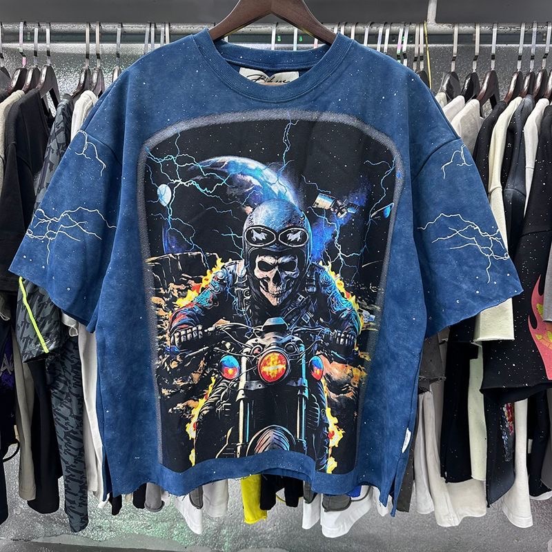 Vintage Washed Blue Skeleton Biker Lightning & Galaxy Print Oversized Short Sleeve T-Shirt