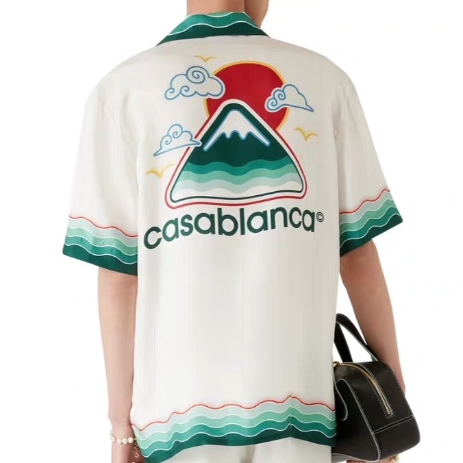 Casablanca Fuji Wave Print Silk Camp Collar Short Sleeve Shirt