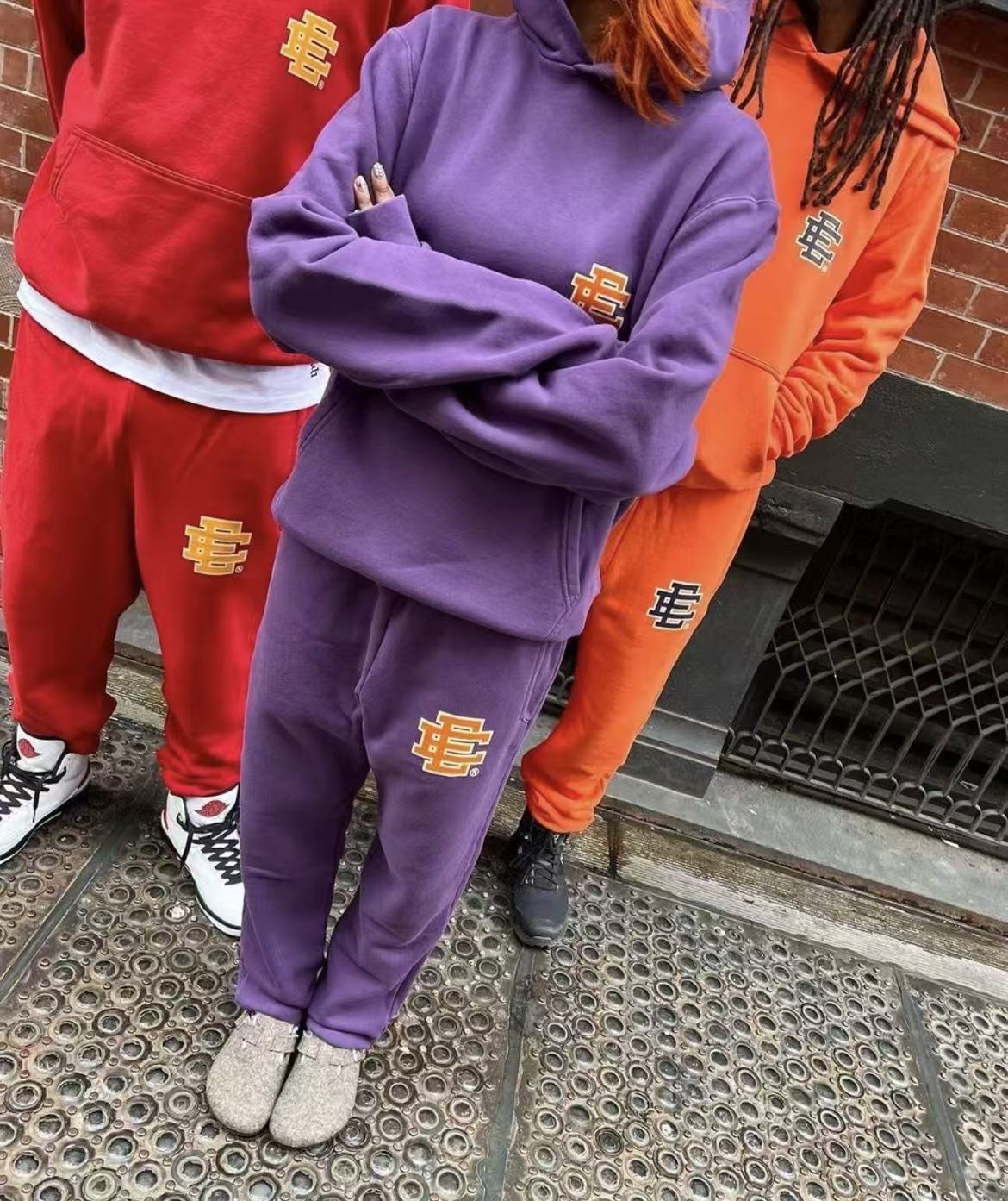 1:1 best quality EE Eric Emanuel EE Logo Hoodie & Sweatpants Tracksuit 3 Colors Red Purple Orange
