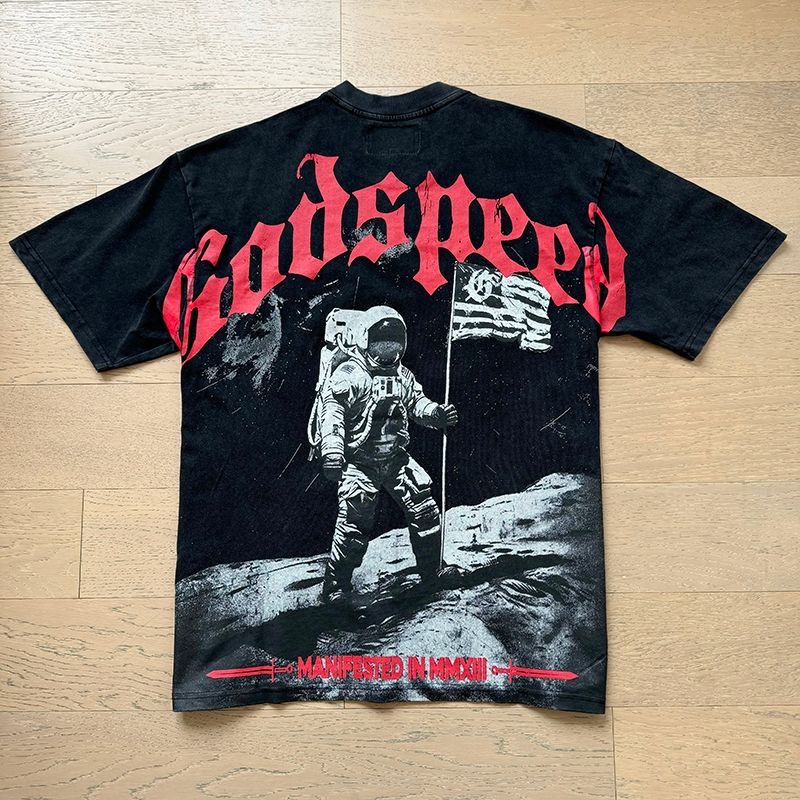 Godspeed Astronaut Moon Landing Washed Black Short Sleeve T-Shirt