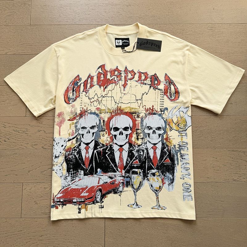 Godspeed Three Skull Sports Car Full Print Washed Short Sleeve T-Shirt