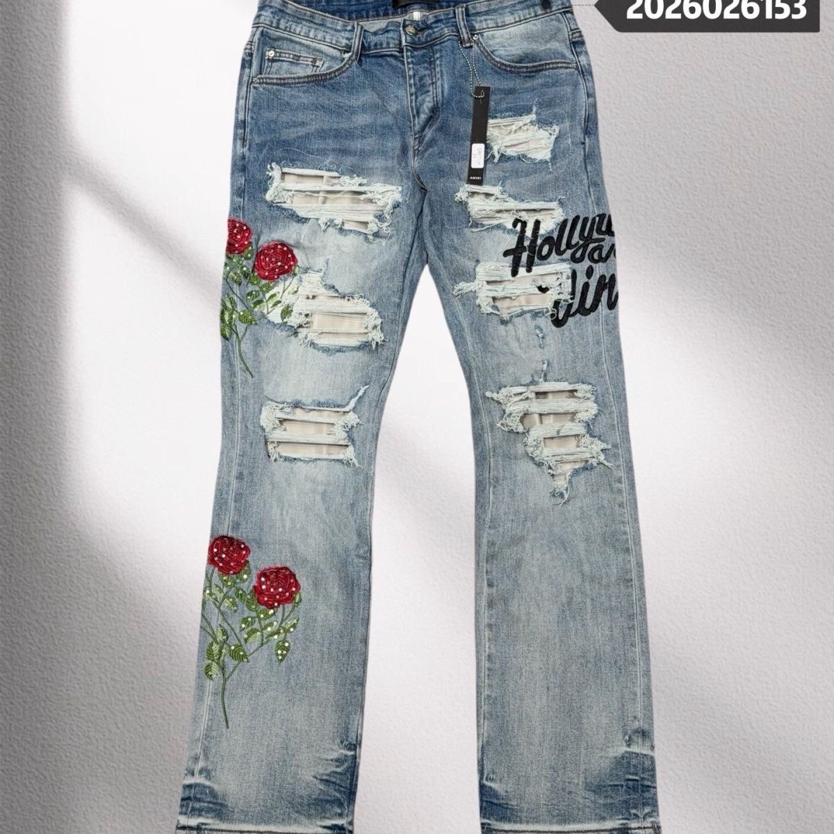 Hollywood Rose Embroidery Ripped Flared Denim Jeans