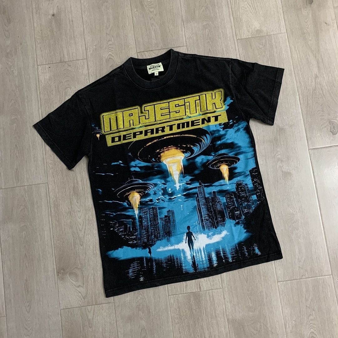 MAJ American Street Retro Spaceship Print Hot-fix Rhinestone Washed Vintage Trendy T-shirt