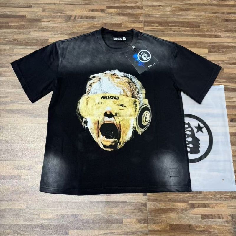 Hellstar Headset Portrait Flame Star Back Print Washed Short Sleeve T-Shirt