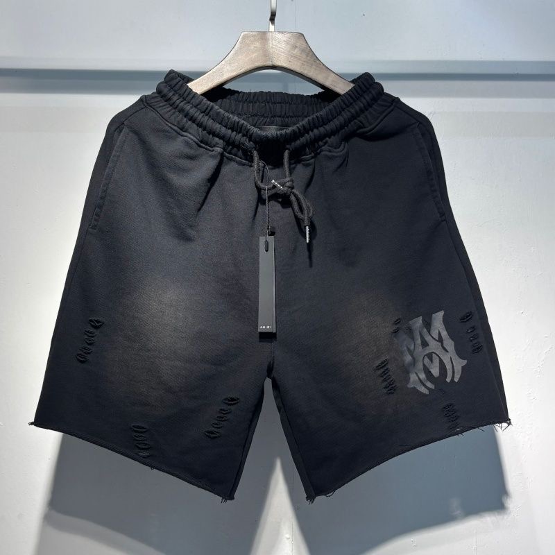 Amiri Gothic MA Logo Distressed Frayed Drawstring Sweat Shorts