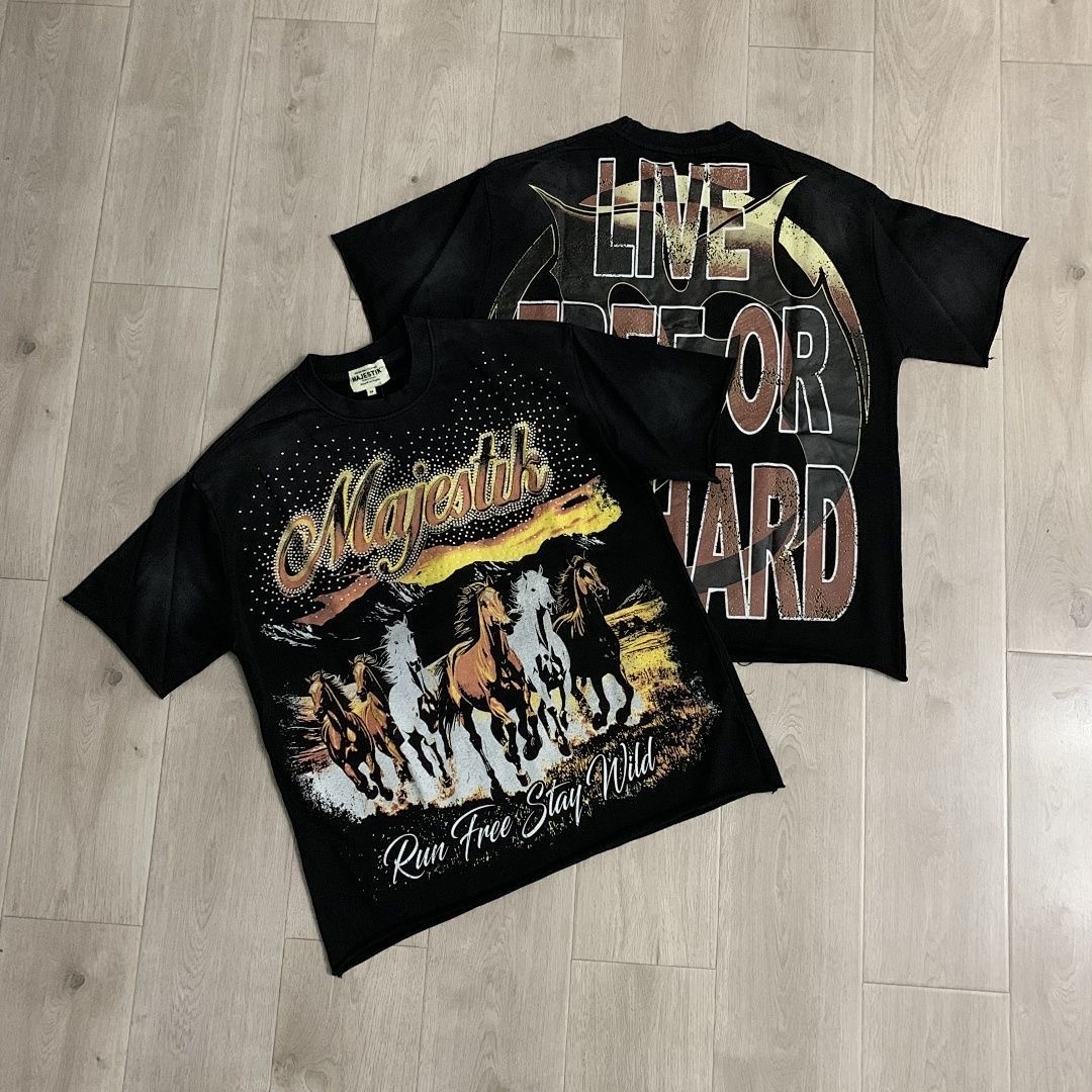 MAJ Los Angeles Fashion Streetwear T-shirt with Hot-fix Rhinestones, Washed Vintage Finish and Terry Fabric