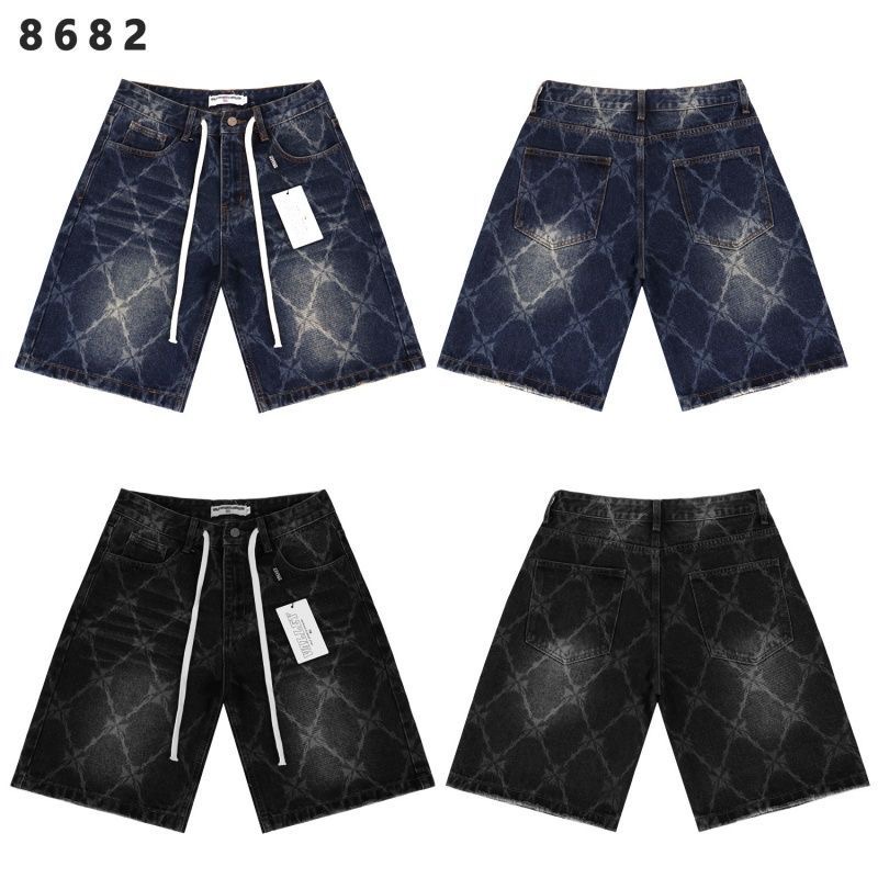 Vale Forever Skittle Laser Rhombus Grid Washed Distressed Loose Fit Denim Shorts For Men Women