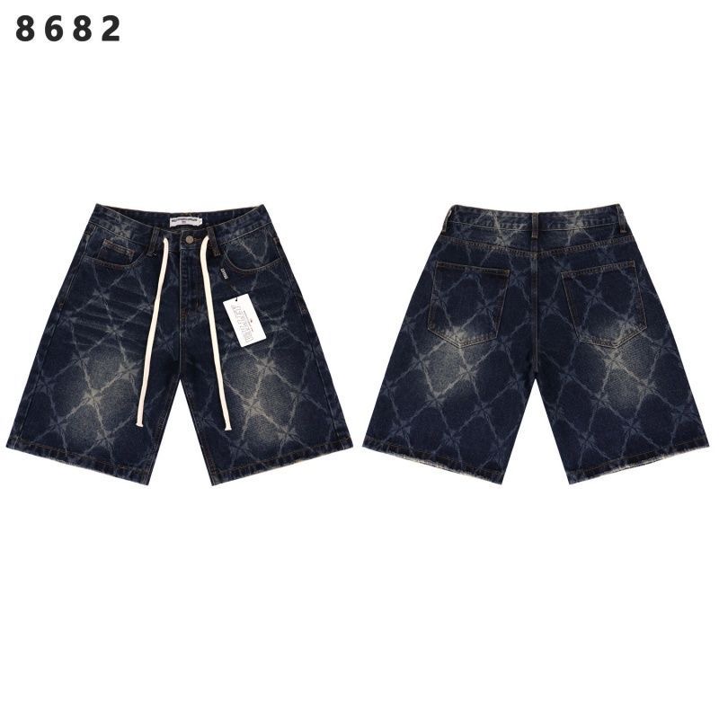 Vale Forever Skittle Laser Rhombus Grid Washed Distressed Loose Fit Denim Shorts For Men Women