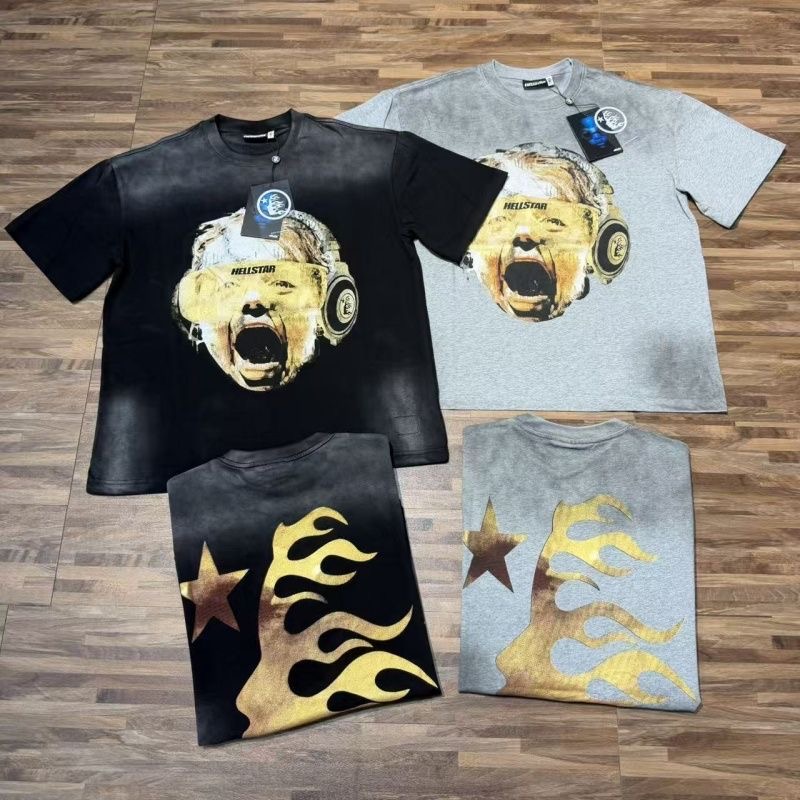 Hellstar Headset Portrait Flame Star Back Print Washed Short Sleeve T-Shirt