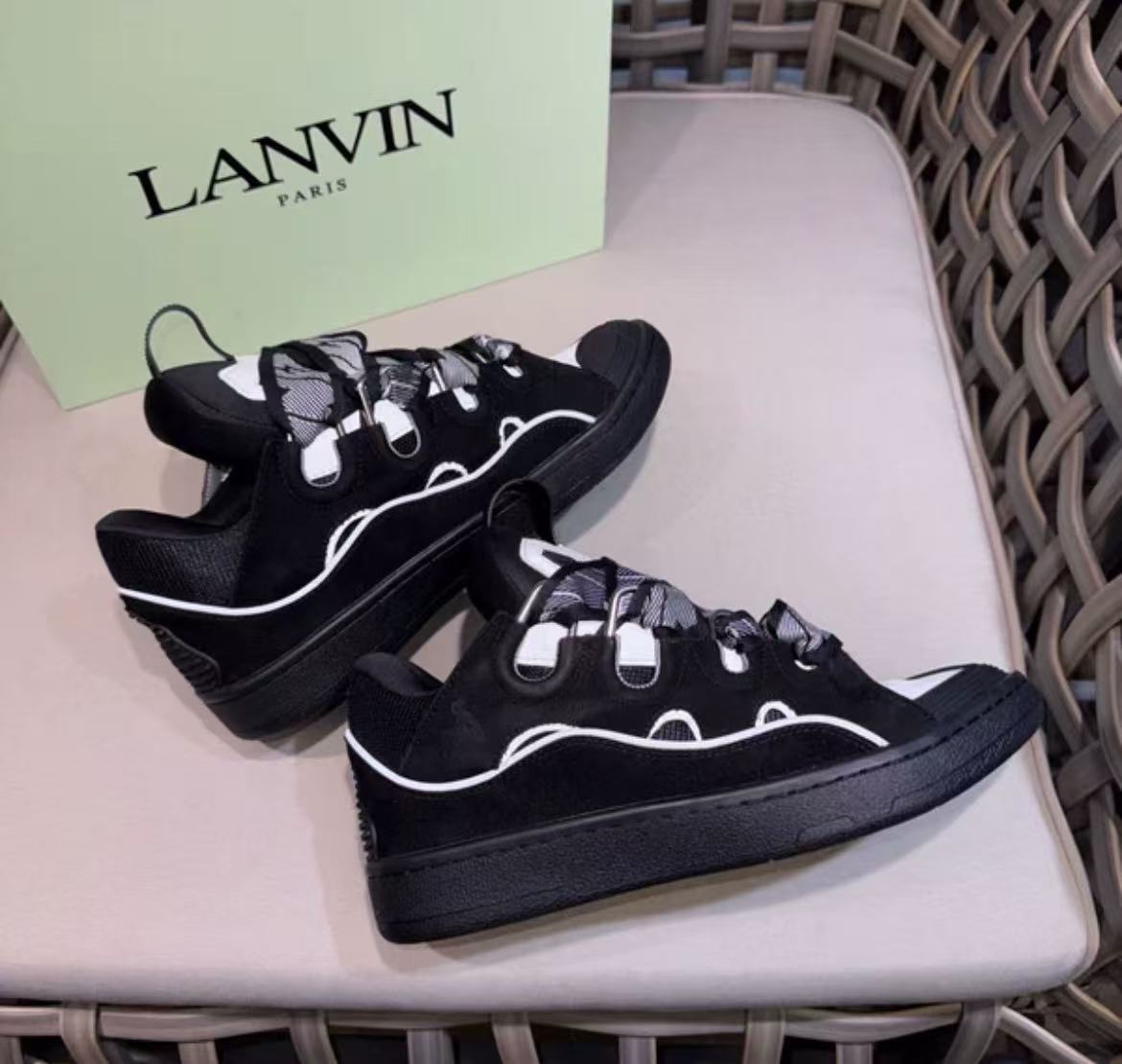 Lanvin Curb Black & White Oversized Lace Low-top Sneakers