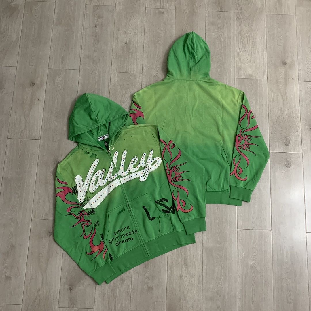Vale Forever Gradient Green Rhinestone Flame Print Full Zip Hoodie
