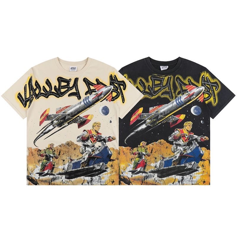 Valtiva Retro Space Rocket Character Full Print Washed Short Sleeve T-Shirt