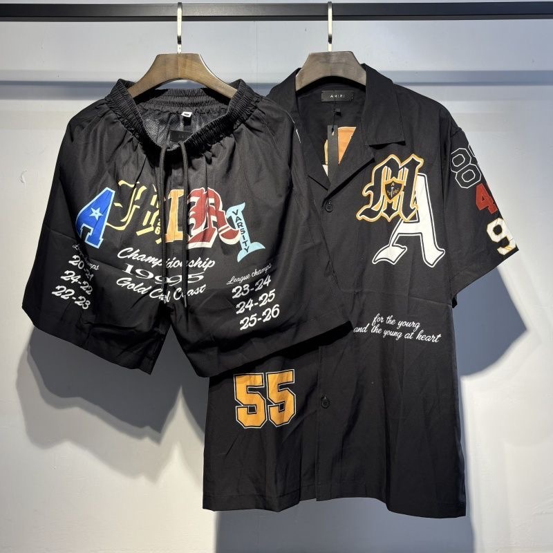 Amiri Varsity Letter Print Camp Collar Shirt And Shorts Matching Set