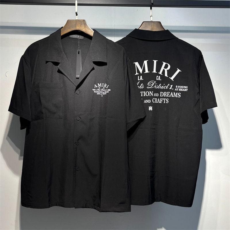 Amiri District 1 Letter Print Camp Collar Short Sleeve Button Shirt