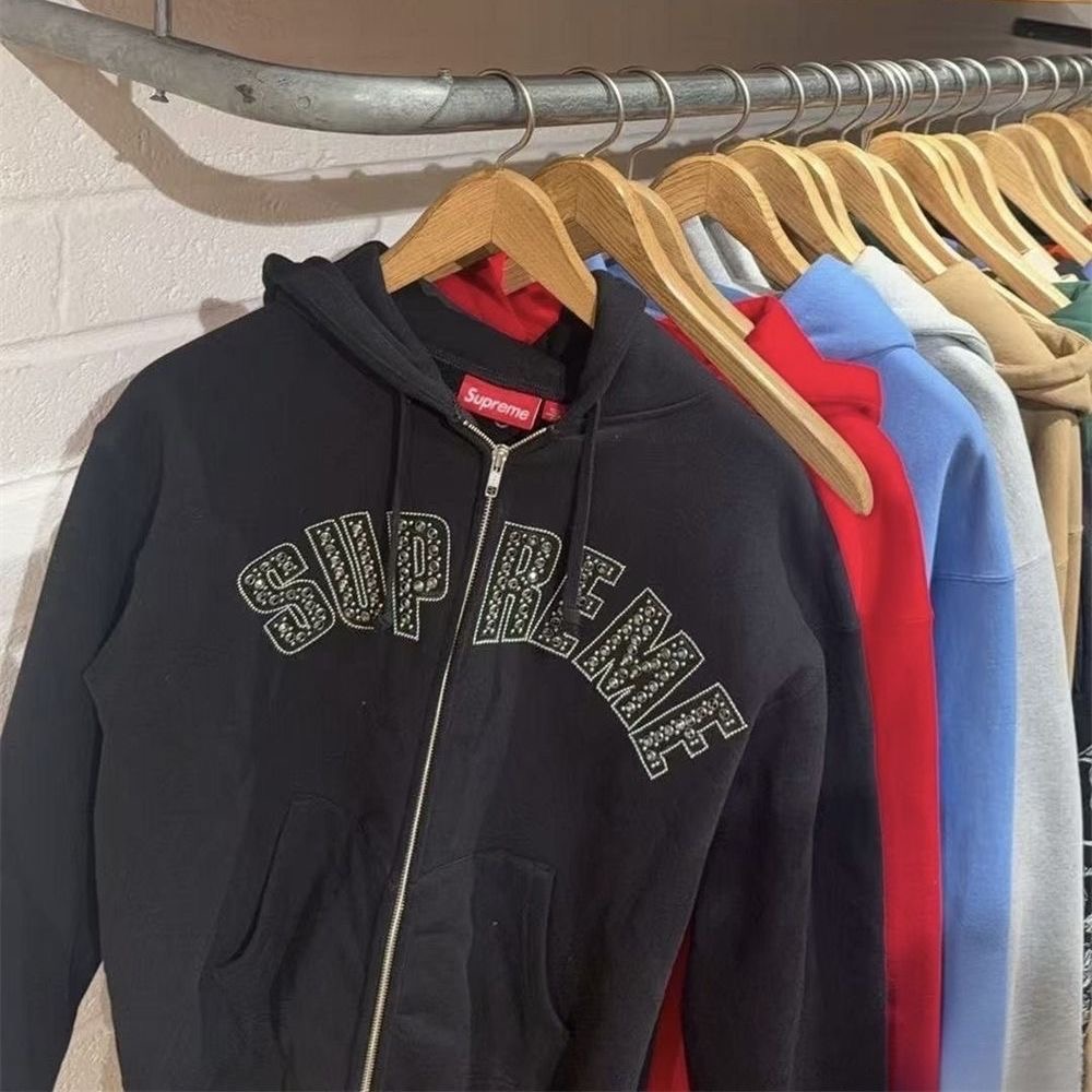 Supreme Rhinestone American Baseball Hooded Jacket Fleece Lined Streetwear Couple