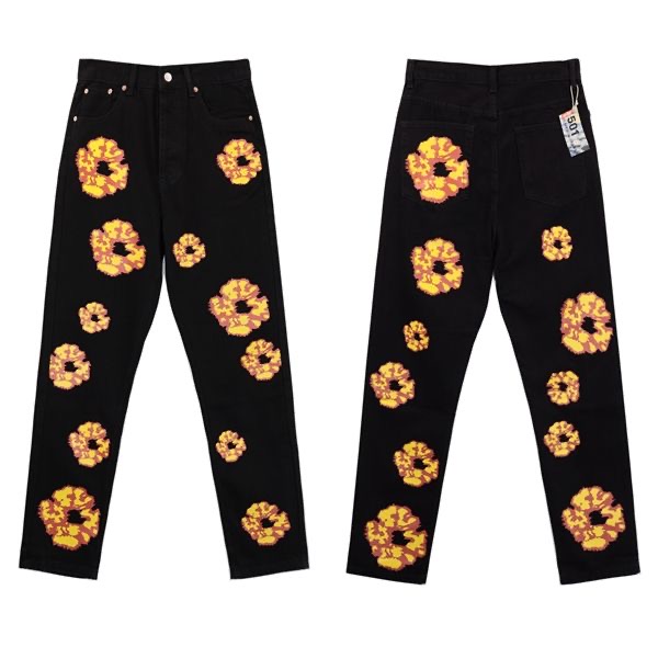 Kapok jeans black and blue color yellow flames logo