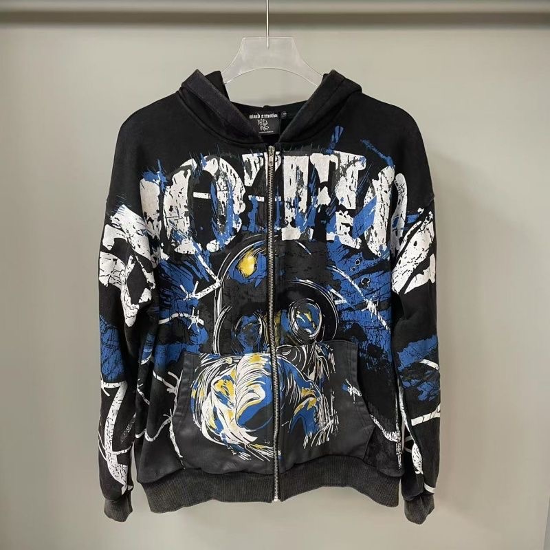 Mixed Emotion Washed Vintage Retro Print High Street Trendy Men's and Women's Pullover Hooded Sweatshirt