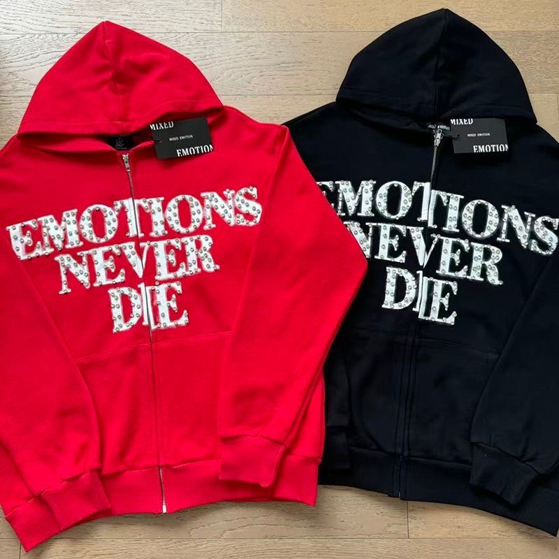 American style foreign trade MIXEDEMOTION letter diamond cardigan zipper jacket loose hooded sweatshirt