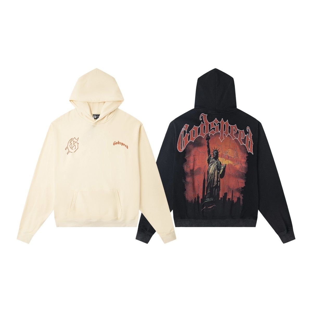 Godspeed, Statue of Liberty, printed, washed, vintage, rock, street, loose hooded sweatshirt